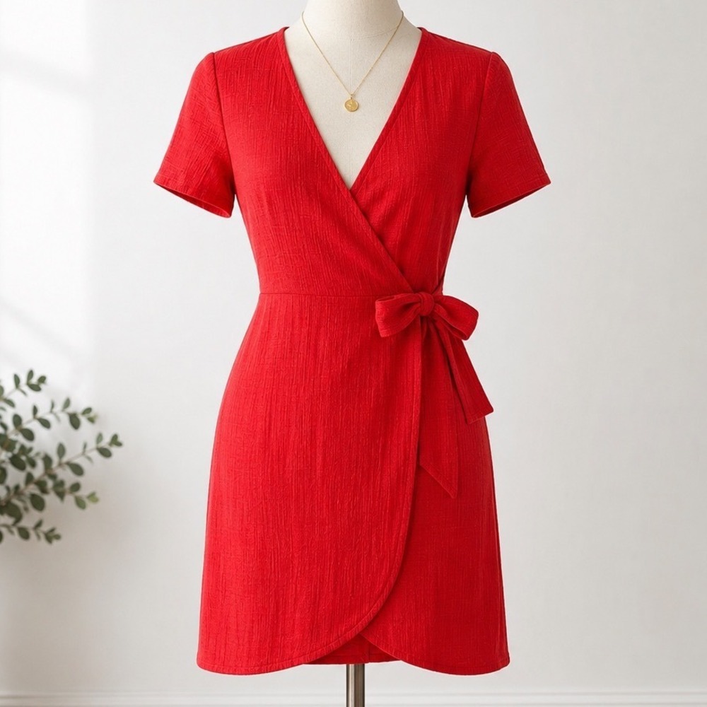 J.Crew Wrap Dress Women XS Bright Cerise Red Side Tie Stretch Textured Knit Mini